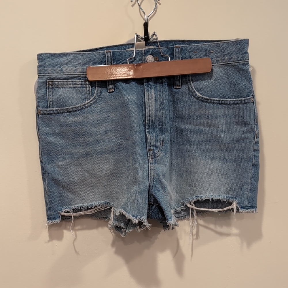 Blue Jean Shorts with Distressed Hem and Mid-Thigh Cut